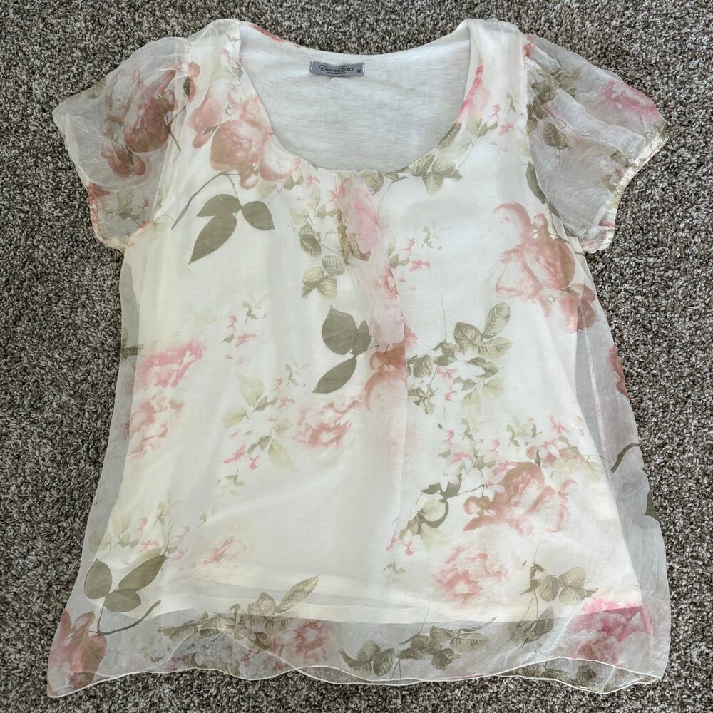 Y2K Elena Baldi Italy 100% Silk FLoral Blouse Medium Pink Rose Chiffon